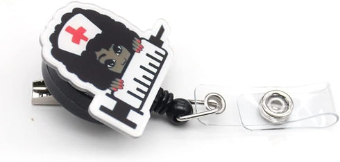 Cute Black Girl Retractable Badge Holder Gift for Women, ID Name Tag Nursing Badge Reel with Alligator Clips