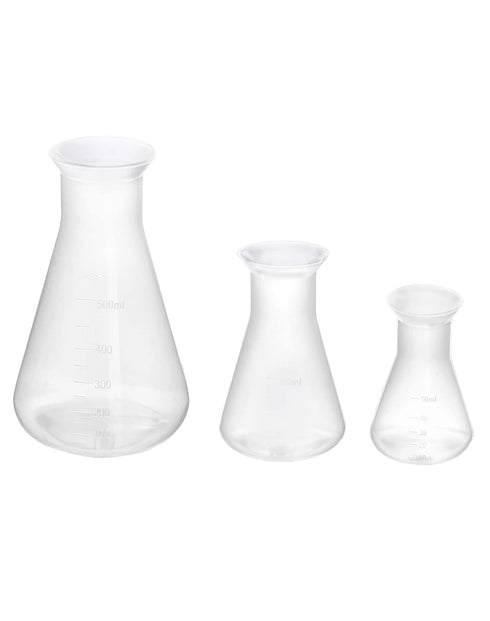 QWORK Erlenmeyer Flask, 3 Pack Clear Plastic Conical Flask for Educational Lab, 50ml+100ml+500ml Capacity
