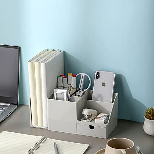 Desk Organizer with Bookshelf White Desktop Organizers and Accessories Bookends Multifunctional Office Stationary Organizer with Drawer Plastic Makeup Storage Box (Small, Grey) by Shoccolt
