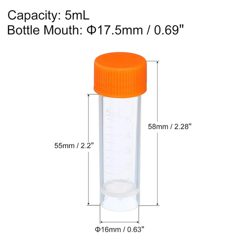 PATIKIL 5mL Plastic Test Tubes, 20 Pack Frozen Container Storage Screw Cap for Lab Laboratory Science, Clear