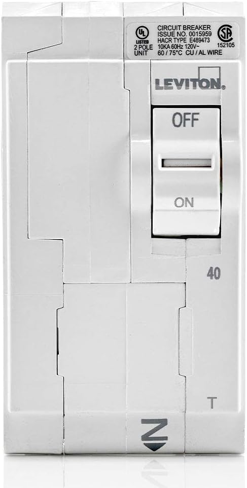 Leviton LB240-T 40A 2-Pole Plug-On Standard Branch Circuit Breaker, Thermal Magnetic, 120/240 VAC, White by Leviton