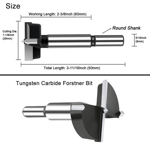 1-1/8 Inch Carbide Forstner Drill Bit, Carbide Tipped Forstner Bit for Hard Wood, Wood Drilling Bit Woodworking Hinge Cutter Tool Kits for Wood Plywood Plastic