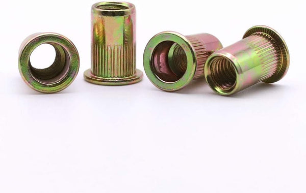 EASTLO M5 Metric Rivet Nuts, 100 Pcs, Carbon Steel Flat Head Threaded Inserts for Metal, Yellow Zinc Plated
