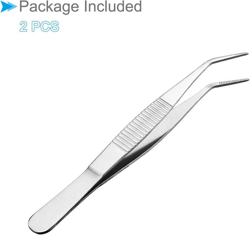 2-Pieces Stainless Steel Curved Pointed Serrated Tip Tweezers, 125mm Length for Mechanical Equipment Repair