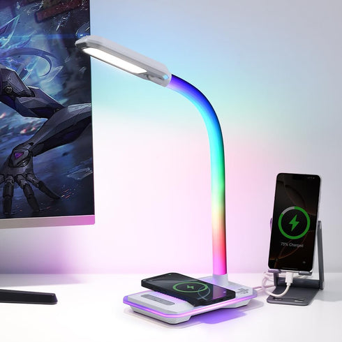 SMARTERIOR Sync,Dimmable RGB Gaming Desk Lamp with Music LED Lamp with Wireless Charging Station,USB Charging