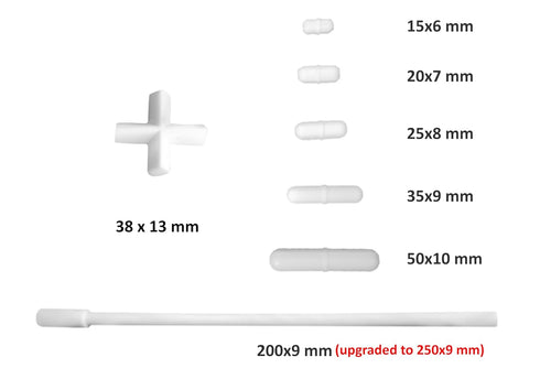 7pc PTFE Stir Bars Set for Magnetic Stirrer Mixer - Straight (15,20,25,35,50 mm), Cross (38 mm), Retriever (250 mm)