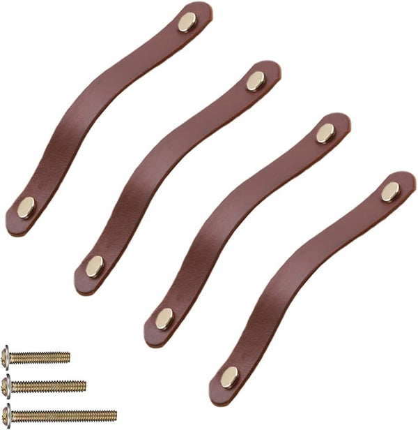 yusheng 4 Pack 200mm Soft Genuine Leather Drawer Pulls Handle, Handmade Knobs for Wardrobe Cabinets, Brown