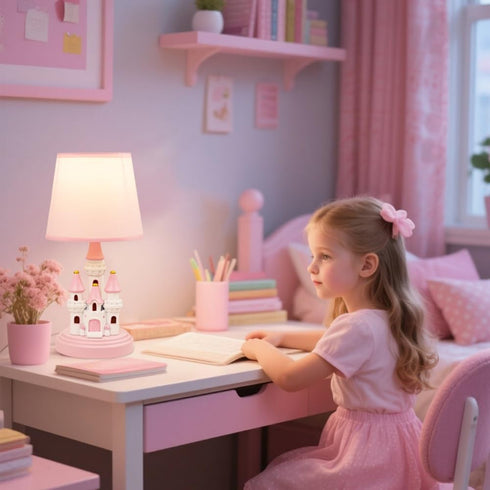 Ecliptix 14 Inch Bulb Kids Table Lamp, Adorable Castle Style Kids Desk Lamp, Pink Bedside Lamp Ideal for Girls Bedroom