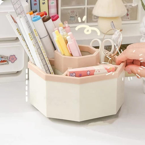 Desk Organizer, Pencil Pen Holder, 5 Compartments Desktop Stationary Storage Box, School Home Office, White+Pink