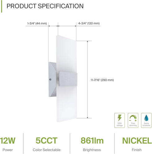 12 Inch 12W 2700K-5000K Dimmable ASD Indoor LED Wall Sconce - Brushed Nickel Wall Sconce Lights for Living Room