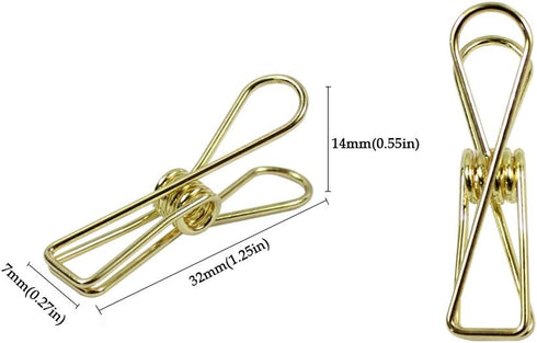 Pack of 25 Gold Small Metal Clips - Multi-Purpose Utility Clothesline Clips