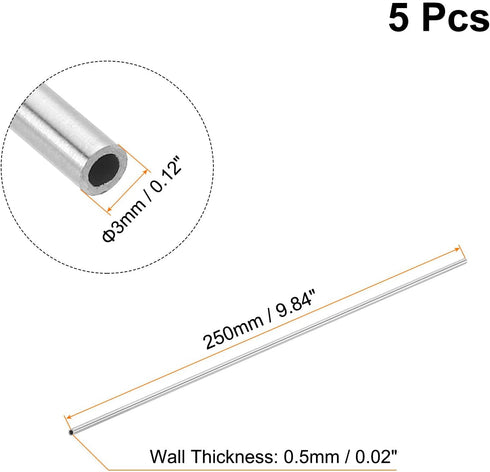 uxcell 5Pcs 304 Stainless Steel Tube, OD 3mm x 0.5mm Wall Thick 250mm Length Capillary Tubing for Industry Machinery