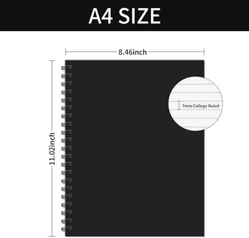 Lined Spiral Notebook A4 Large Black Journal, 8.5" x 11"-4 Pack, 7mm College Ruled, 160 Pages for School Supplies