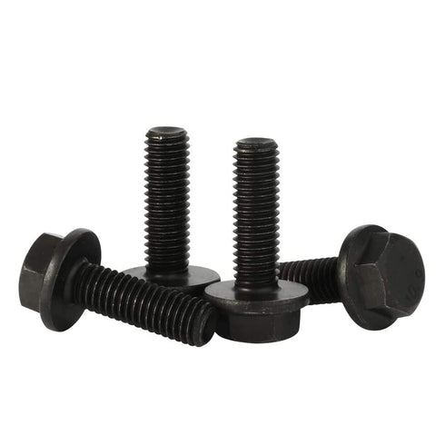 M6 x 20mm Flanged Hex Head Bolts, Full Thread Alloy Steel Screws, Black Oxide Finish, Quantity 25