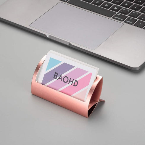 Metal Business Card Holder for Desk - Modern Aluminum Display Stand, Desktop Name Card Rack Organizer, Rose Gold