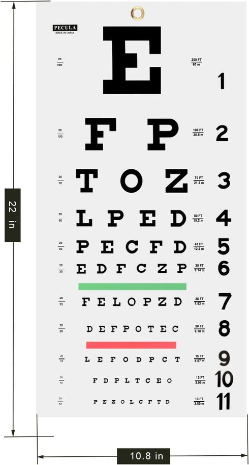 PECULA Snellen Eye Chart Wall Chart, 22 in x 11 in, 20/20 Vision Test, Color Vision Test, Plastic, Washable