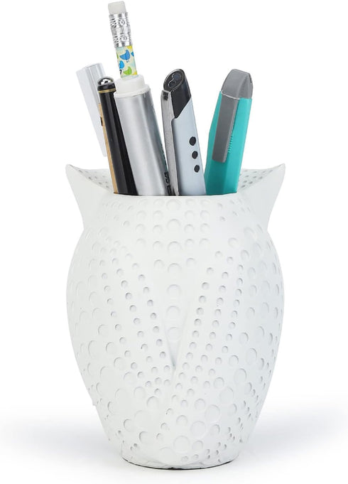 Owl Resin Pen Holder and Makeup Brush Holder, Desk Organizer for Office, School, and Home, White