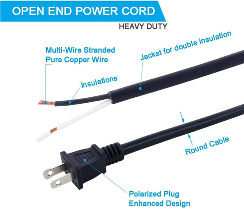 2 Prong Power Cord Replacement, 14AWG SJT Heavy Duty 6 Foot Pigtail AC Cable with Polarized Plug