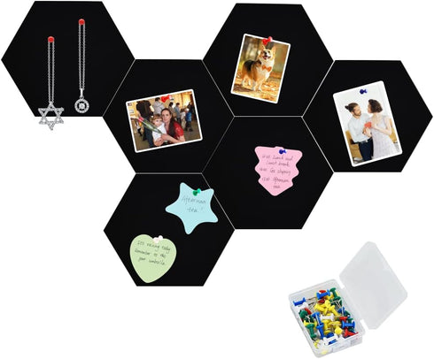 Vuzvuv 6 Pcs Black Hexagon Cork Board Strips, Self-Adhesive Bulletin Board with 50 Pushpins for Home Office