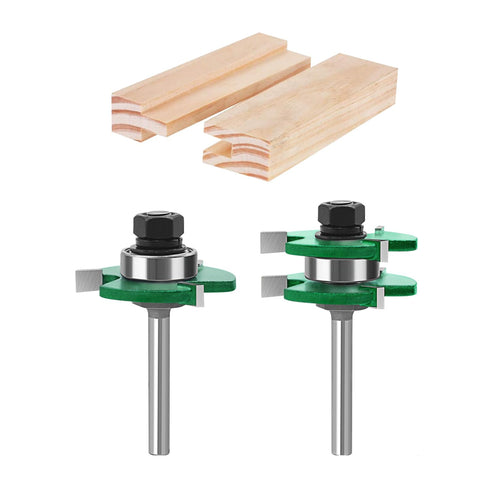 Pro Tongue and Groove Router Bit Set, 2 Pieces 1/4 Inch Shank Router Bit Set, 3 Teeth Adjustable T Shape Wood Milling