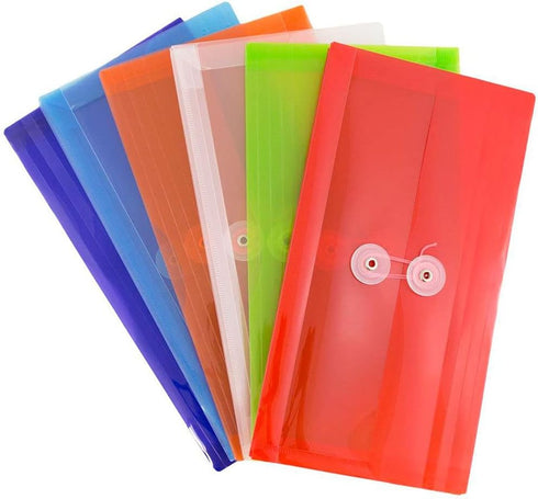 JAM PAPER Plastic Envelopes with Button & String Tie Closure, #10 Business Booklet, 5 1/4 x 10, Assorted Colors, 6/Pack