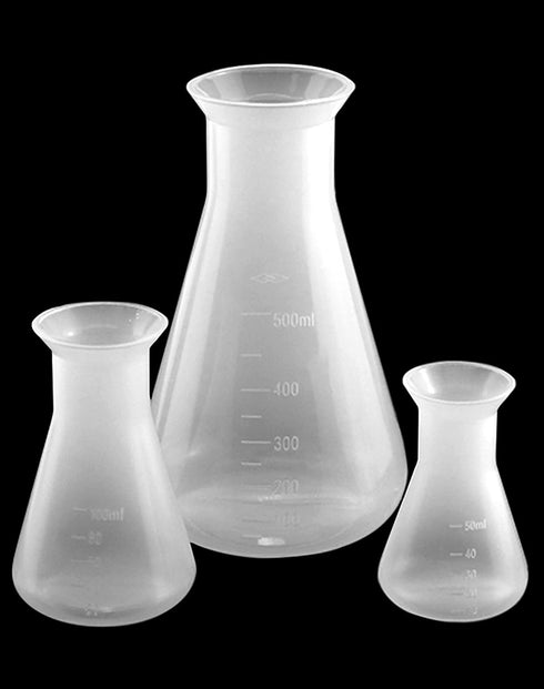 QWORK Erlenmeyer Flask, 3 Pack Clear Plastic Conical Flask for Educational Lab, 50ml+100ml+500ml Capacity