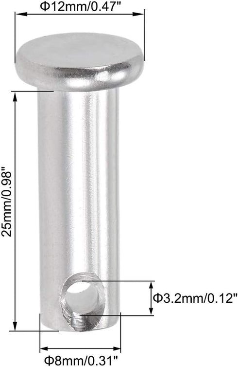 uxcell 8mm X 25mm Single Hole Clevis Pins - 304 Stainless Steel Flat Head Link Hinge Pin, 4Pcs
