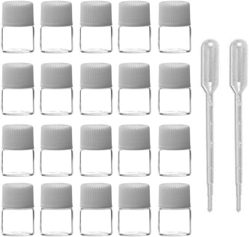 Enslz 50 Pcs Oil Bottles for Essential Oils 1 ml Transparent Glass Vials with Orifice Reducers, White Caps, 2 pcs