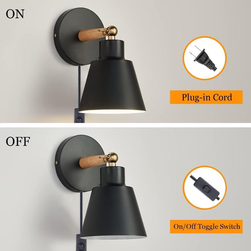 (1, ClanKin Plug in Wall Sconces Lighting, Black Wood Style Wall Sconce Reading Lamp, Adjustable Wall Light for Bedroom