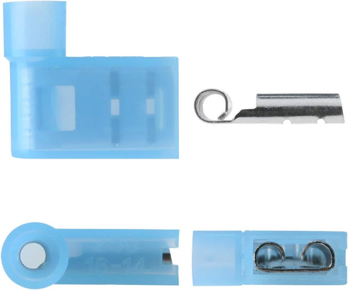 XHF 100 Pcs Blue Flag Shaped Right Angle Spade Connectors, 16-14 AWG Nylon Fully Insulated Quick Crimp Terminals