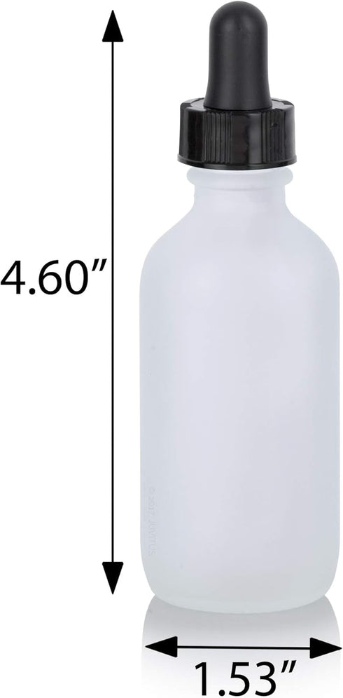 JUVITUS 2 oz Clear Glass Frosted Boston Round Bottle with Black Dropper Top (12 pack) + Funnel for Essential Oils