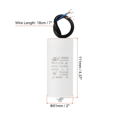 PATIKIL CBB60 60uF Running Capacitor, 2pcs AC 450V 2 Wires 50/60Hz Cylinder Bottom with Screw 111x51mm for Washing Machine,Water Pump Motor Star