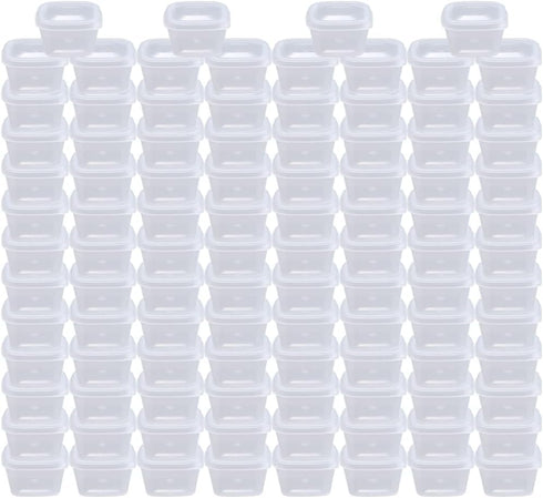 MIUPOO Leak Proof Square Sauce Cup, Disposable Clear Plastic Souffle Cups with Hinged Lid, 1 OZ, 100 Pieces