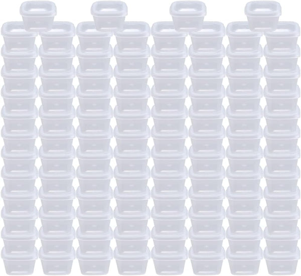 MIUPOO Leak Proof Square Sauce Cup, Disposable Clear Plastic Souffle Cups with Hinged Lid, 1 OZ, 100 Pieces