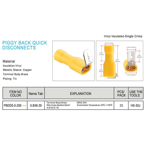 Yellow Piggyback Spade Crimp Terminal Connector 0.5-6.0mm², 22-10 AWG, 25PCS