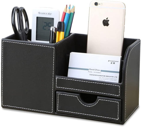 KINGFOM Black Desk Organizer Caddy, Pu Leather Multi-function Storage Box for Pen/Pencil, Cell Phone, Business Cards,