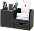 KINGFOM Black Desk Organizer Caddy, Pu Leather Multi-function Storage Box for Pen/Pencil, Cell Phone, Business Cards,