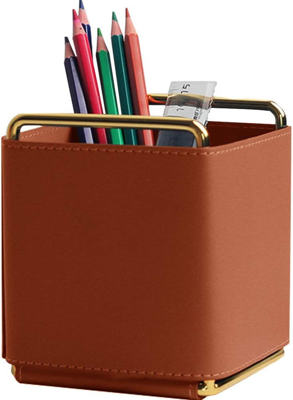 Leather Pencil Holder Desktop Organizer, Iron Art Makeup Brush Remote Control Storage Box for Desk, Brown