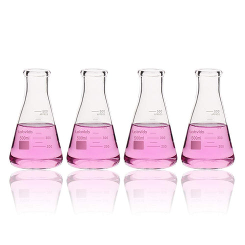 4pcs 500ml Narrow Mouth Glass Erlenmeyer Flasks, 3.3 Borosilicate with Printed Graduation, LVC004