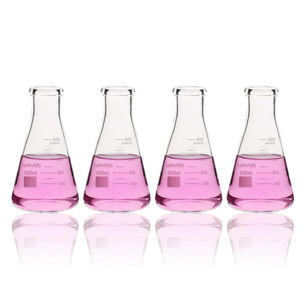 4pcs 500ml Narrow Mouth Glass Erlenmeyer Flasks, 3.3 Borosilicate with Printed Graduation, LVC004