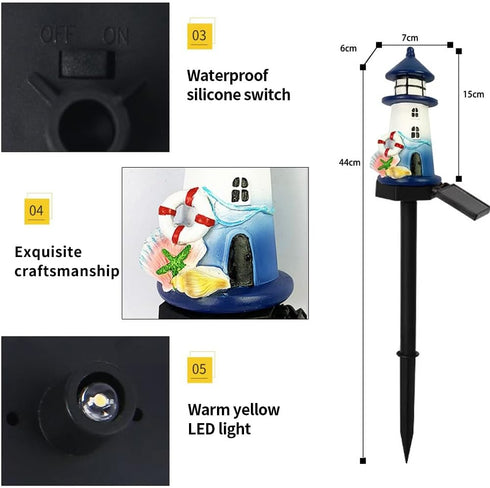 YZYOE Solar Blue and White Small Lighthouse Atmosphere Lights, Garden and Courtyard Decoration Resin Cute House Floor