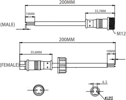 2 Pin Electrical Connector, 20AWG IP68 Male Female Plug LED Connectors with 20CM Cable for Outdoor LED Strip Lights (5