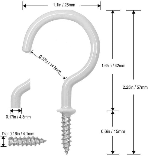Pack of 40 White Vinyl Coated Screw-in Wall Hooks for Indoor & Outdoor Use