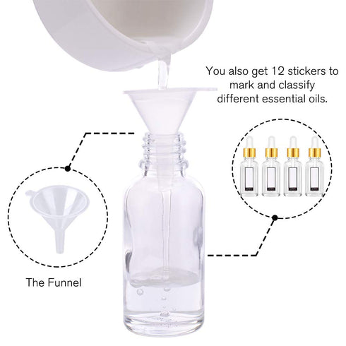 PrettyCare Eye Dropper Bottles, 2 oz, 4 Pack, Glass Bottles with Golden Caps, Labels, Funnel & Measured Pipettes