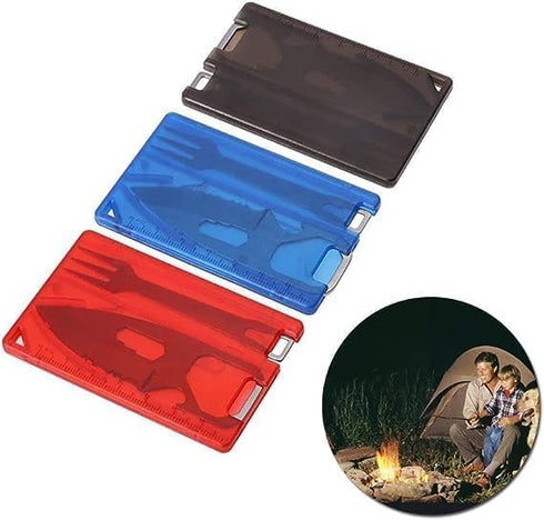 Red Outdoor Survival Multi Tool Card, Barbecue Knife, Camping Tool with LED Light, Magnifier, EDC Gear