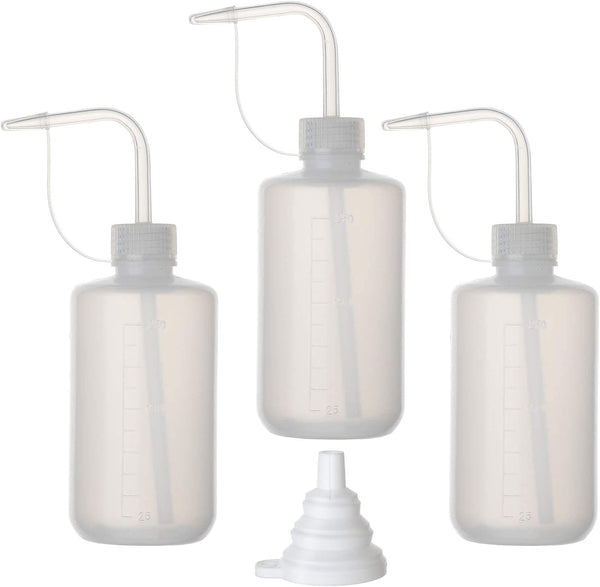 Hyber&Cara 3Pcs Safety Wash Bottle 250ml Plastic Squeeze Bottle with Cap, 1Pc Silicone Funnel for Lab, Plant Watering,