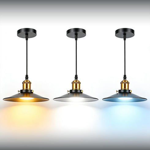 7.87 Inch E26/E27 Industrial Black Saucer Pendant Light with Brass Socket, Vintage Metal Hanging Light Fixture, Pendant