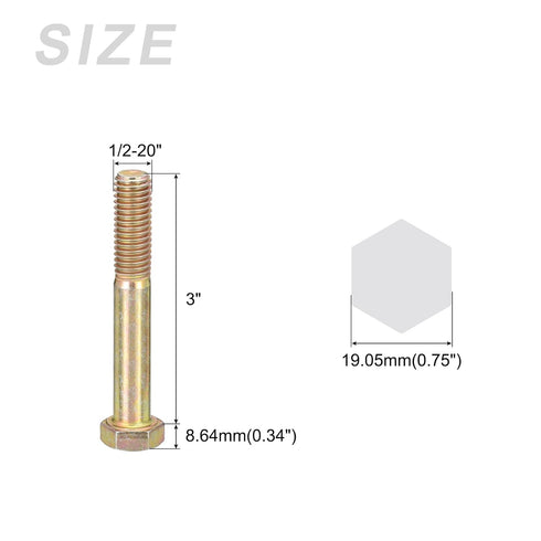 Hex Bolts (1/2-20x3") 4Pcs, Grade 8 Carbon Steel Zinc Plated Partial Threaded Hex Head Screw Bolt