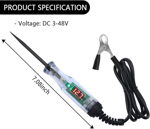 Car Voltage Tester Pen with Alligator Clip,DC 3-48V Test Light Pen Digital LED Circuit Tester with Prolong Spring Cable,Universal Car Fuse Tester Automotive Electrical Tools (Black) by carleef