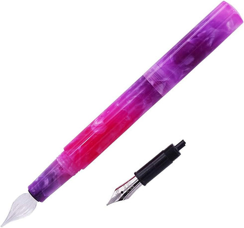 Fountain Pen Fine Nib & Glass Dip Pen Gradient Violet Celluloid, Mini Pocket Travel Writing Gift Pen for Business